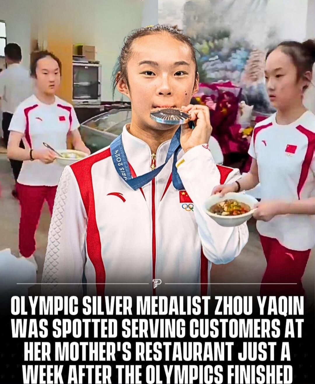 OLYMPIC SILVER MEDALIST ZHOU YAQIN INAS SPOTTED SERUING CUSTOMERS AT HER MOTHERS RESTAURANT JUST A IUEEK AFTER THED