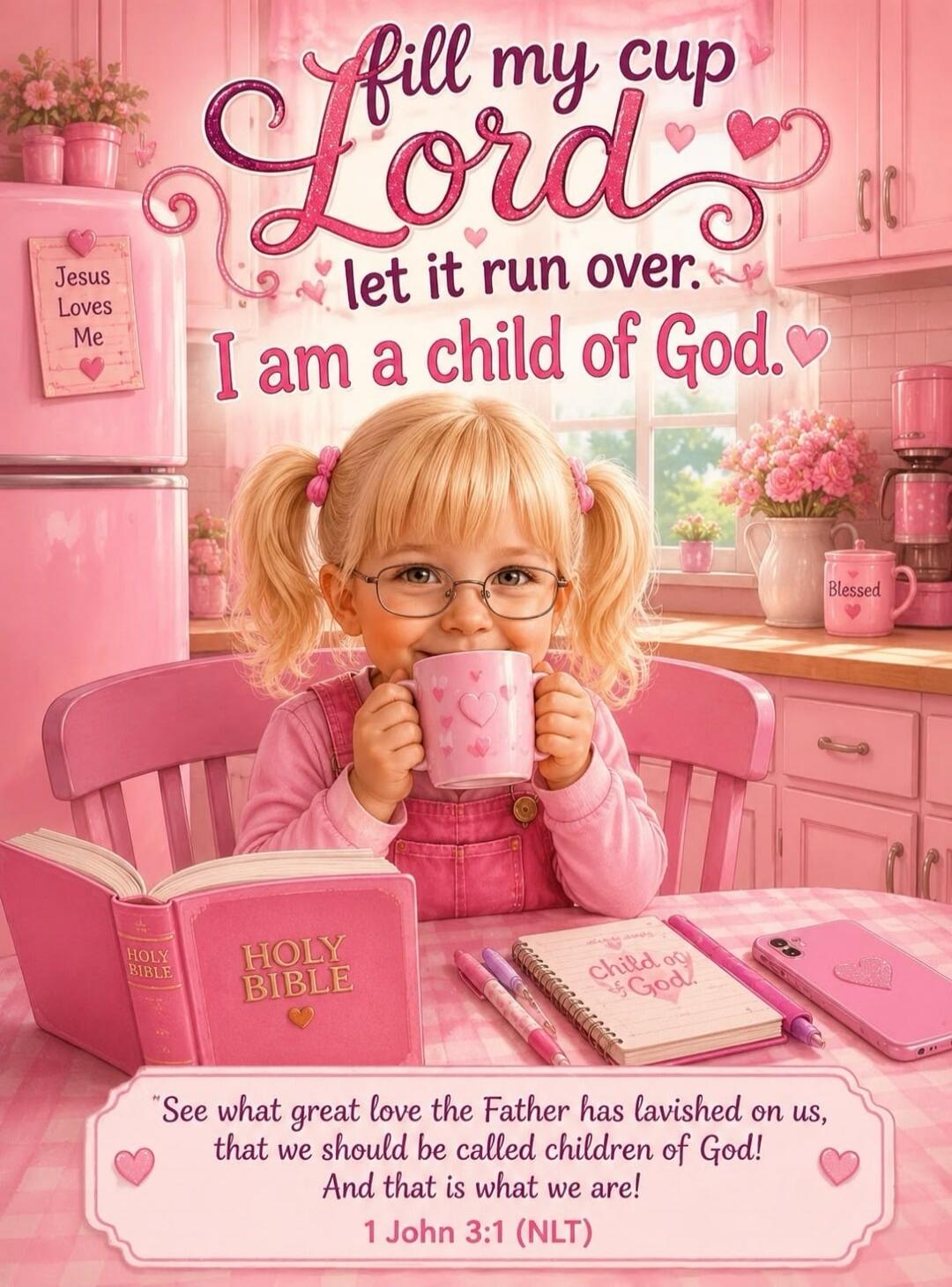 fill my cup Lord let it run over. I am a child of God. Jesus Loves Me. HOLY BIBLE. Child of God. Blessed. See what great love the Father has lavished on us, that we should be called children of God! And that is what we are! 1 John 3:1 (NLT)