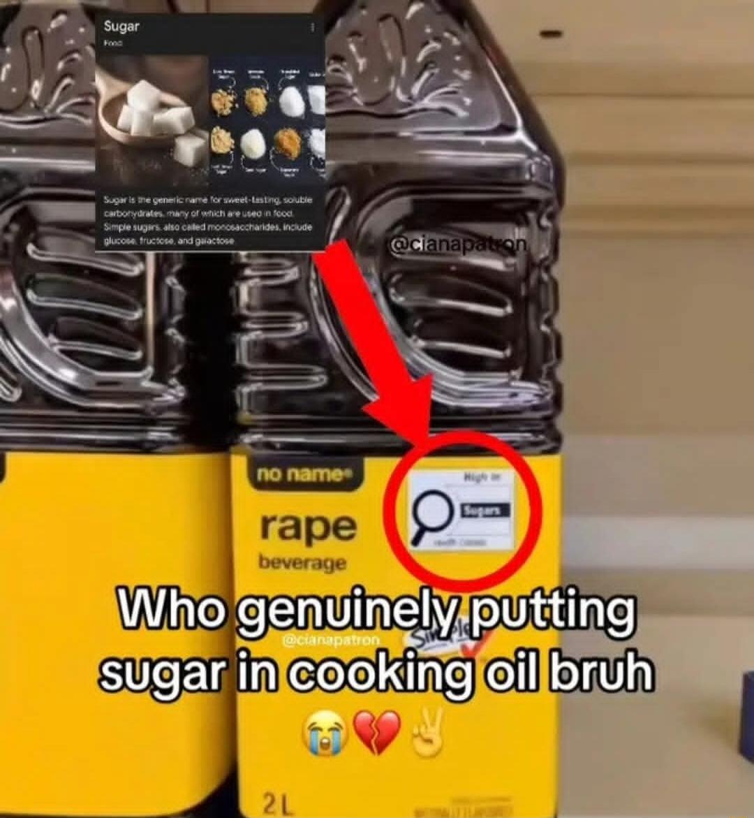 no name
rape beverage
Who genuinely putting sugar in cooking oil bruh