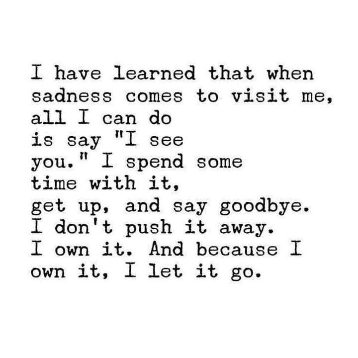 I have learned that when sadness comes to visit me all I can do is say I see you I spend some time with it get up and say goodbye I dont push it away I own it And because I own it I let it go