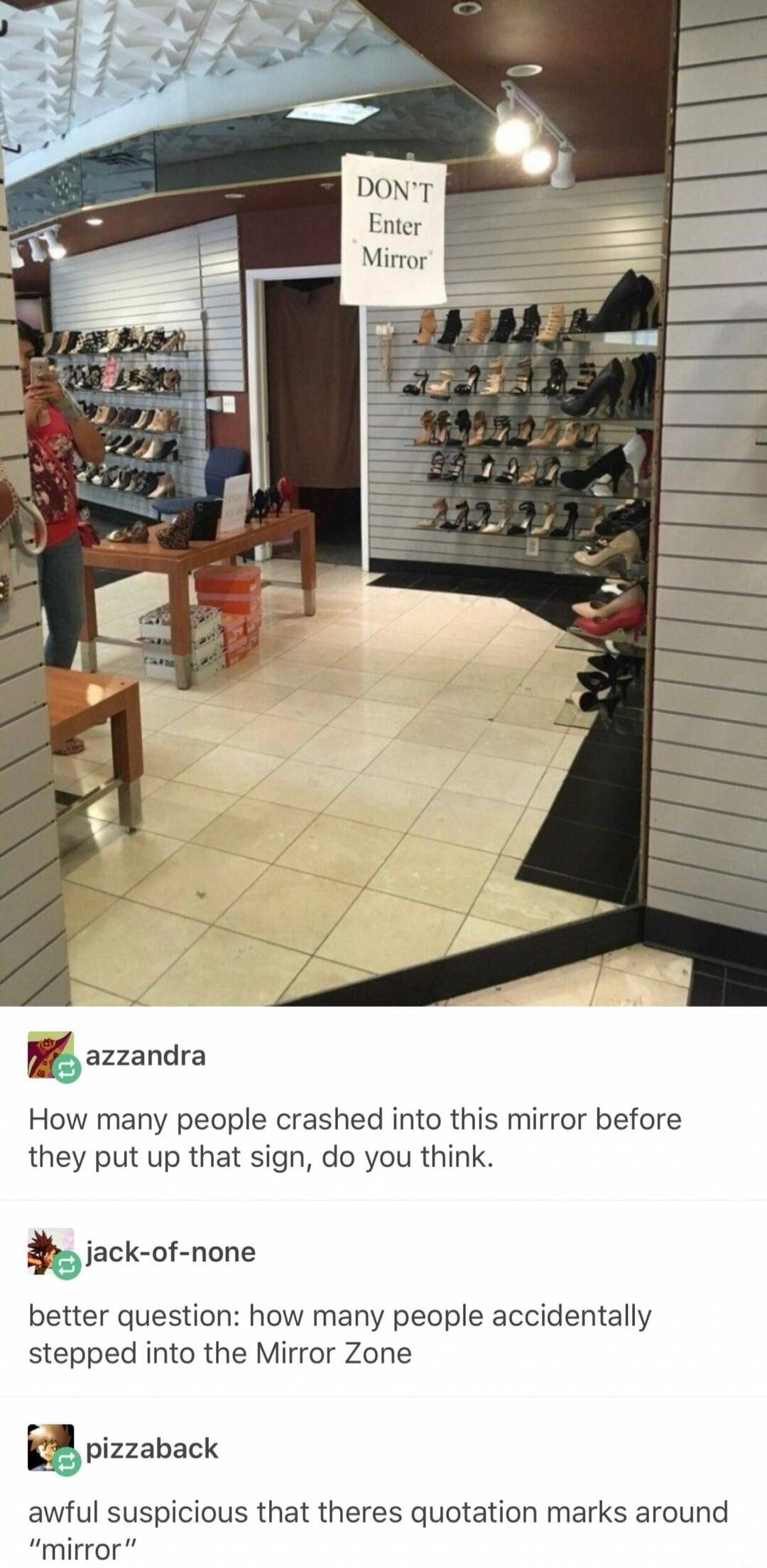 B szzancrs How many people crashed into this mirror before they put up that sign do you think s jack of none better question how many people accidentally stepped into the Mirror Zone Epizzaback awful suspicious that theres quotation marks around rmirror