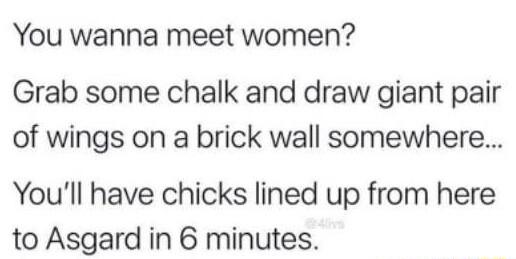 You wanna meet women Grab some chalk and draw giant pair of wings on a brick wall somewhere Youll have chicks lined up from here to Asgard in 6 minutes