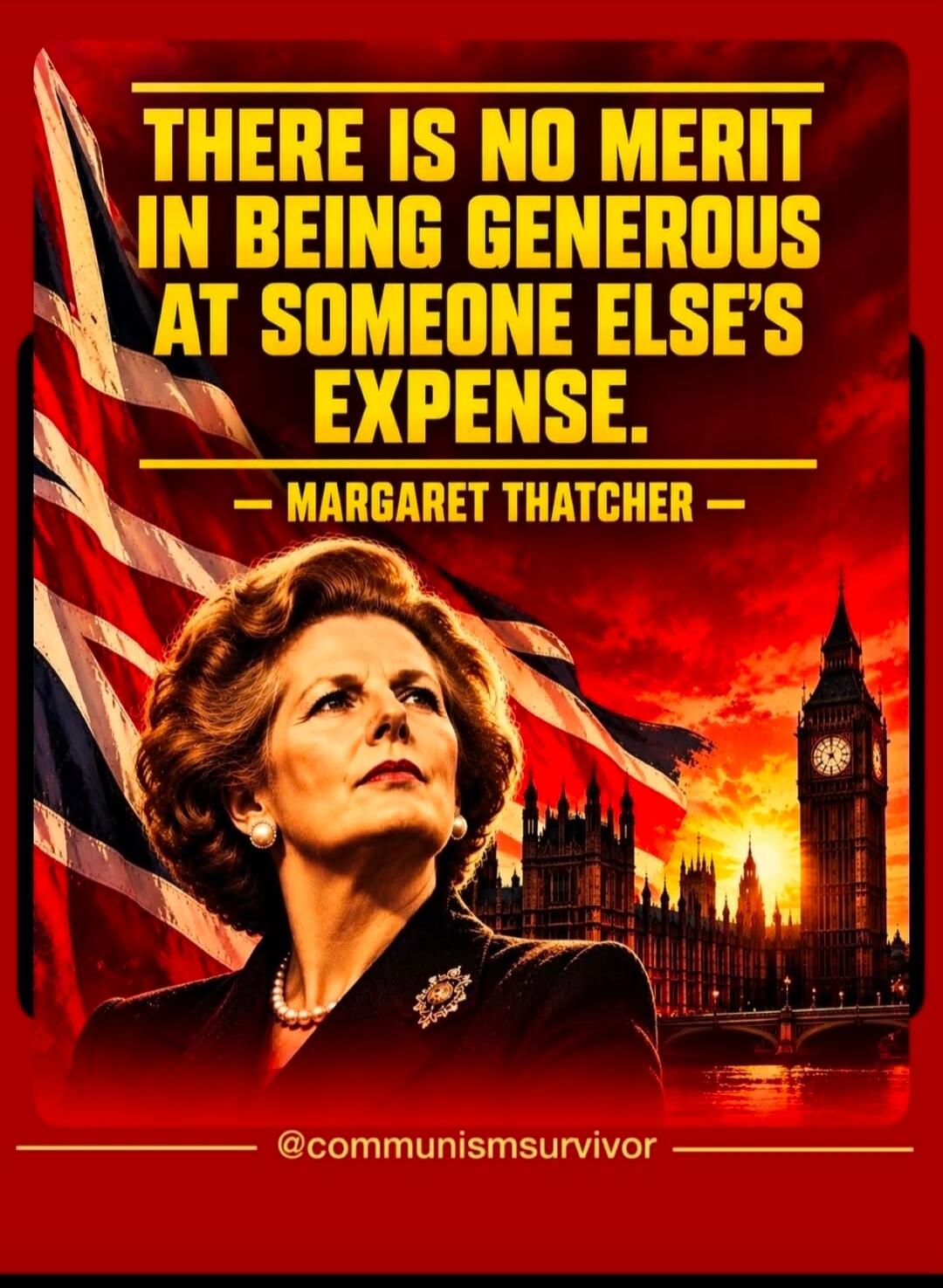 THERE IS NO MERIT IN BEING GENEROUS AT SOMEONE ELSE'S EXPENSE. — MARGARET THATCHER — @communismsurvivor