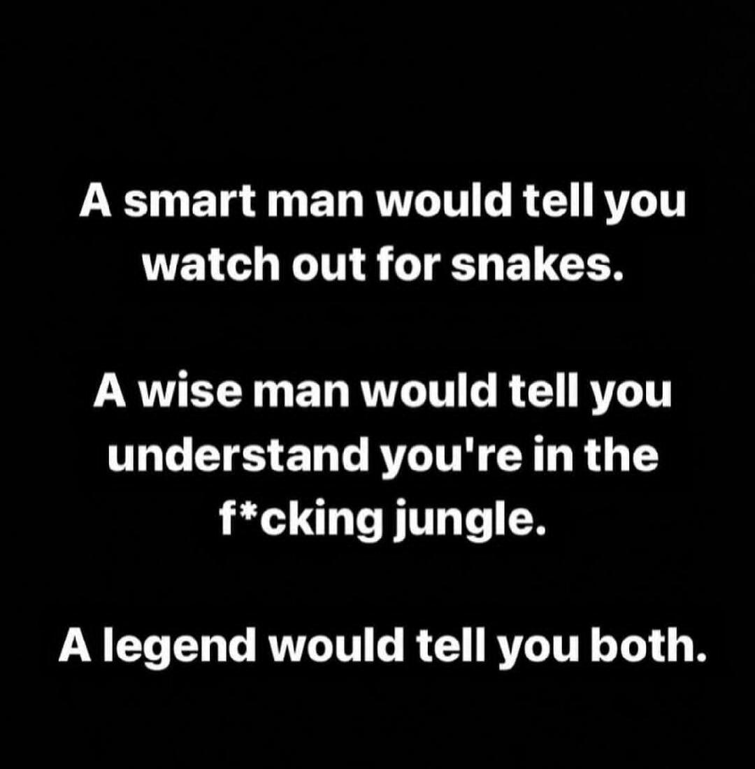 A smart man would tell you watch out for snakes.
A wise man would tell you understand you're in the f*cking jungle.
A legend would tell you both.