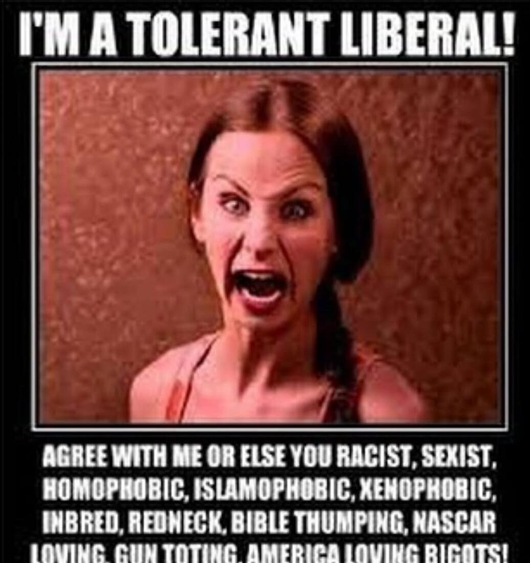 I'M A TOLERANT LIBERAL! AGREE WITH ME OR ELSE YOU RACIST, SEXIST, HOMOPHOBIC, ISLAMOPHOBIC, XENOPHOBIC, INBRED, REDNECK, BIBLE THUMPING, NASCAR LOVING, GUN TOTING, AMERICA LOVING BIGOTS!