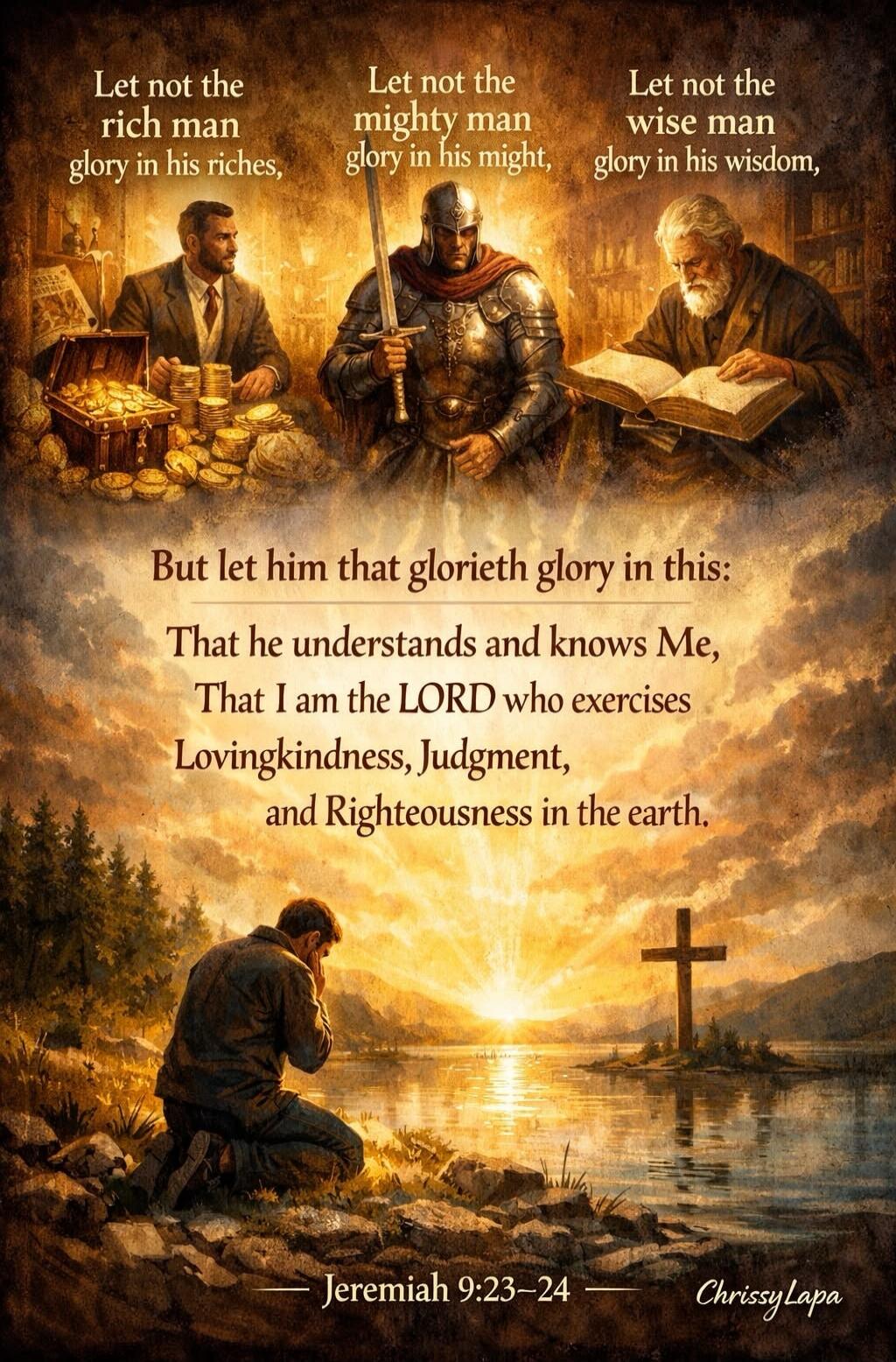 Let not the rich man glory in his riches,\nLet not the mighty man glory in his might,\nLet not the wise man glory in his wisdom,\nBut let him that glorieth glory in this:\nThat he understands and knows Me,\nThat I am the LORD who exercises\nLovingkindness, Judgment,\nand Righteousness in the earth.\n—Jeremiah 9:23–24
