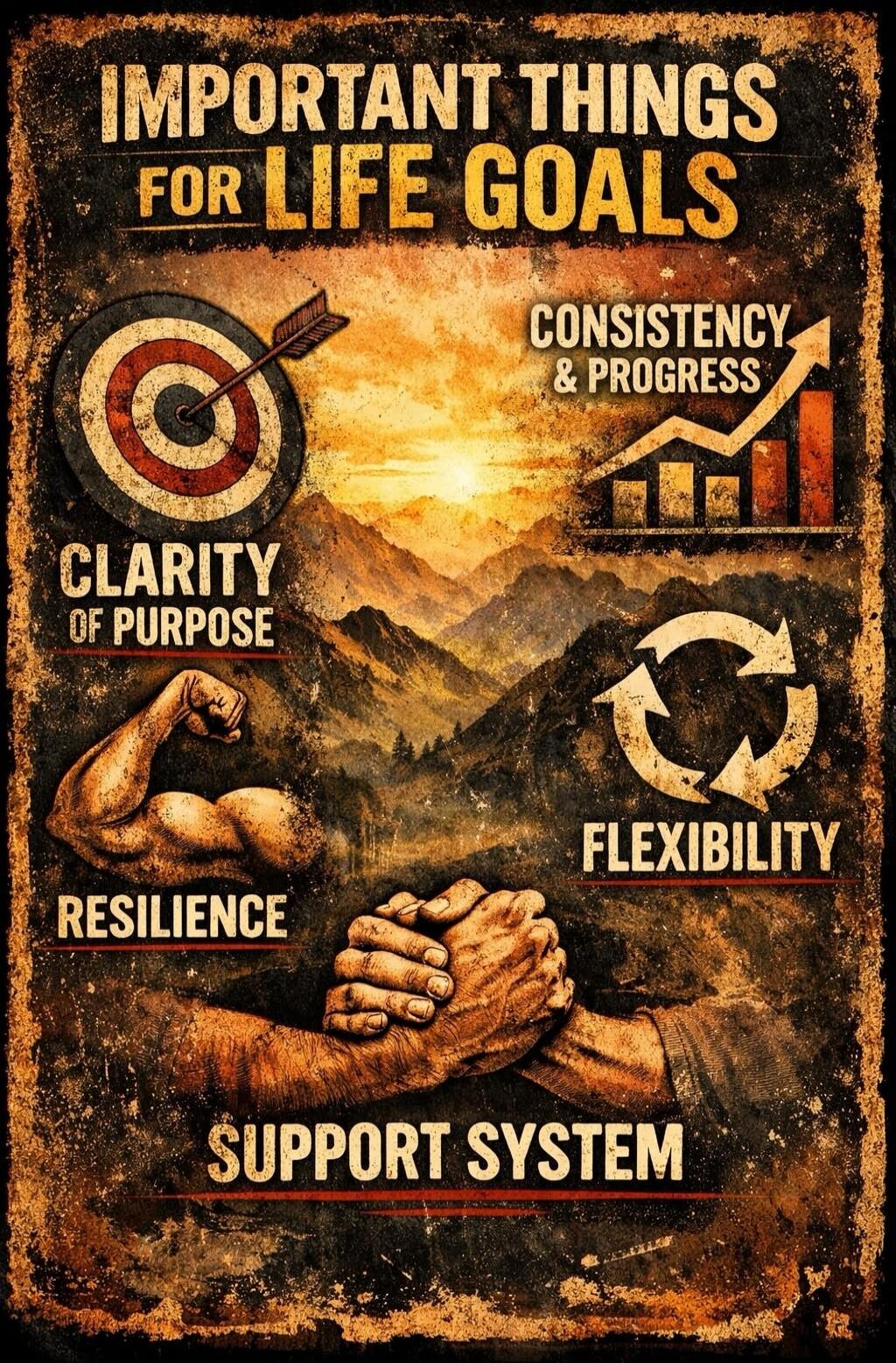 IMPORTANT THINGS FOR LIFE GOALS CLARITY OF PURPOSE RESILIENCE SUPPORT SYSTEM CONSISTENCY & PROGRESS FLEXIBILITY