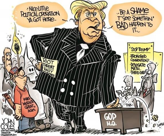 Nice little political operation ya got here...\nBe a shame if I see something bad happen to it...\nRiot threat rally inside [sign text] Stop Trump — Brokered Convention — Delegate math — Third party...\nGOP H.Q.\nMake America Great Again\n[signature] John Cole