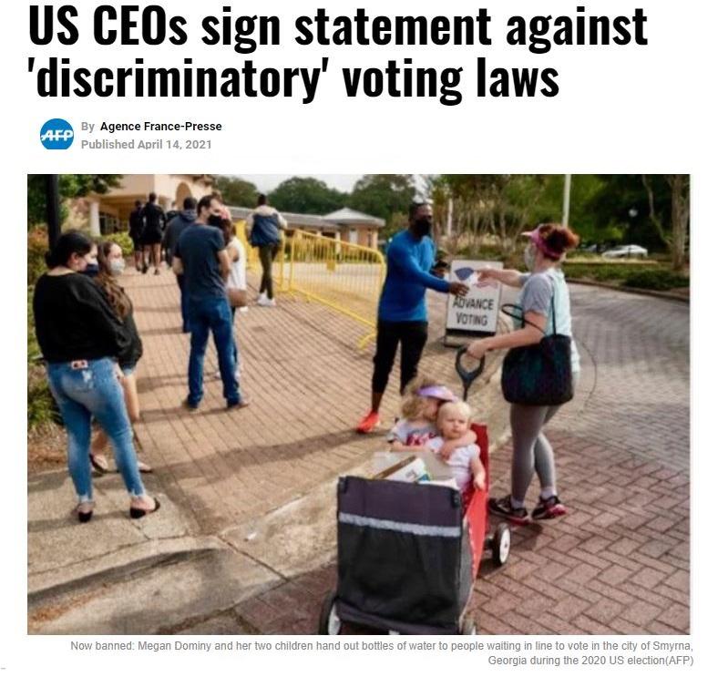 US CEOs sign statement against dlscrlmmatory voting laws