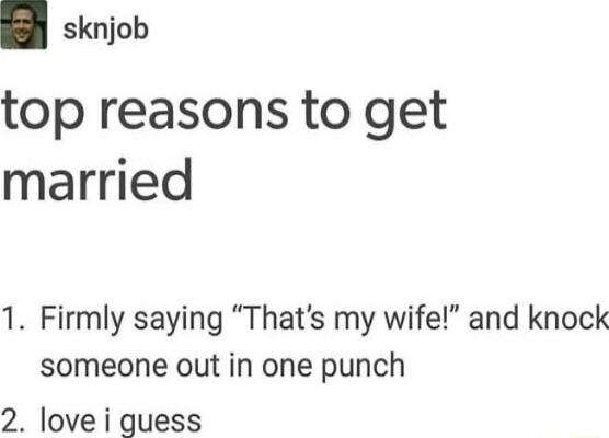 sknjob top reasons to get married 1 Firmly saying Thats my wife and knock someone out in one punch 2 love i quess