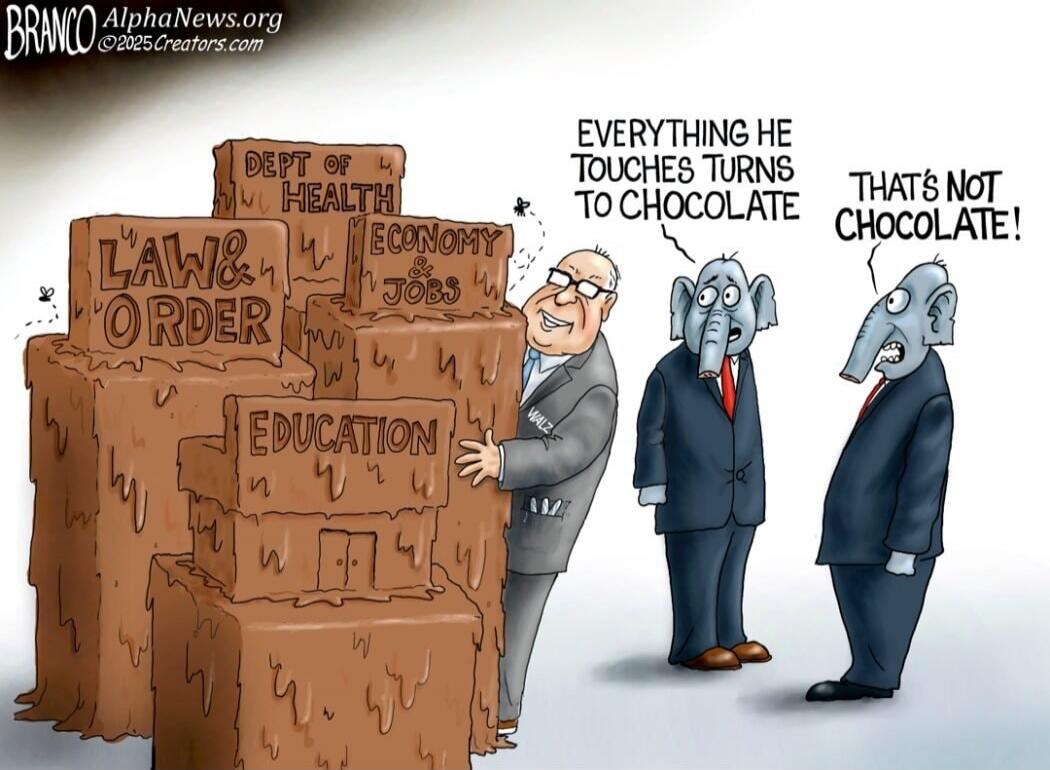 Everything he touches turns to chocolate. That’s not chocolate! Items on blocks: LAW & ORDER, DEPT OF HEALTH, ECONOMY, JOBS, EDUCATION.