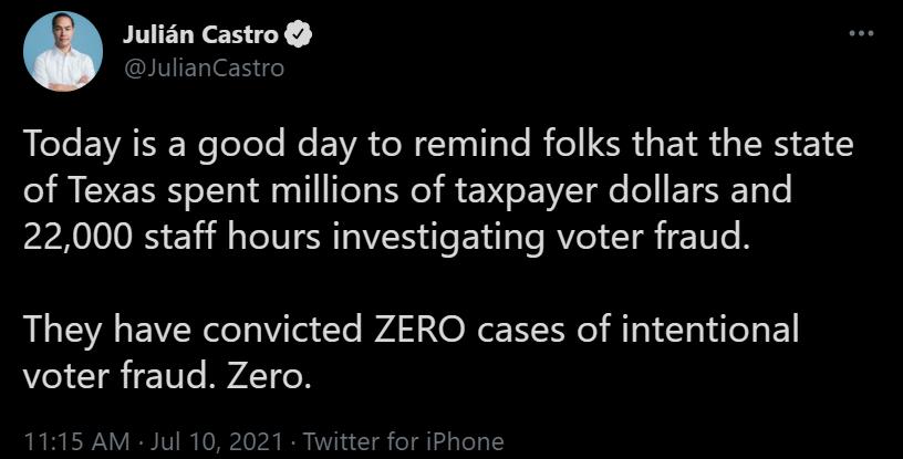 Julian Castro INEReR eJeEATIE Welolele Ne EA TN Tasale B el ISR s EY R RS 14 of Texas spent millions of taxpayer dollars and 22000 staff hours investigating voter fraud They have convicted ZERO cases of intentional voter fraud Zero 1115 AM Jul 10 2021 Twitter for iPhone