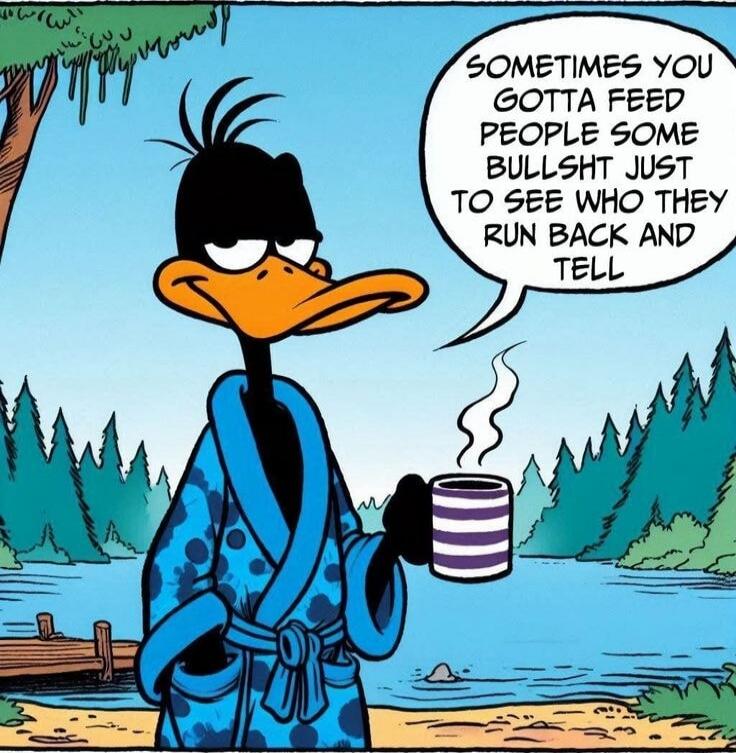 SOMETIMES YOU GOTTA FEED PEOPLE SOME BULLSHIT JUST TO SEE WHO THEY RUN BACK AND TELL