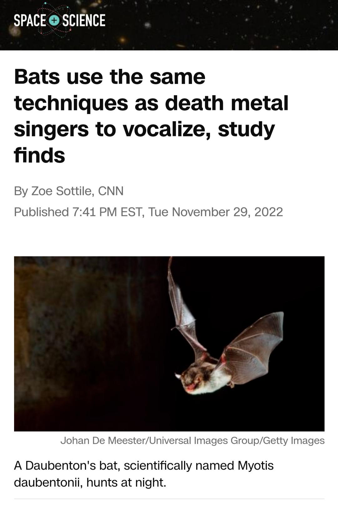 SPACE SCIENCE Bats use the same techniques as death metal singers to vocalize study finds NN 1 PM EST Tue November 29 2022 A Daubentons bat scientifically named Myotis daubentonii hunts at night