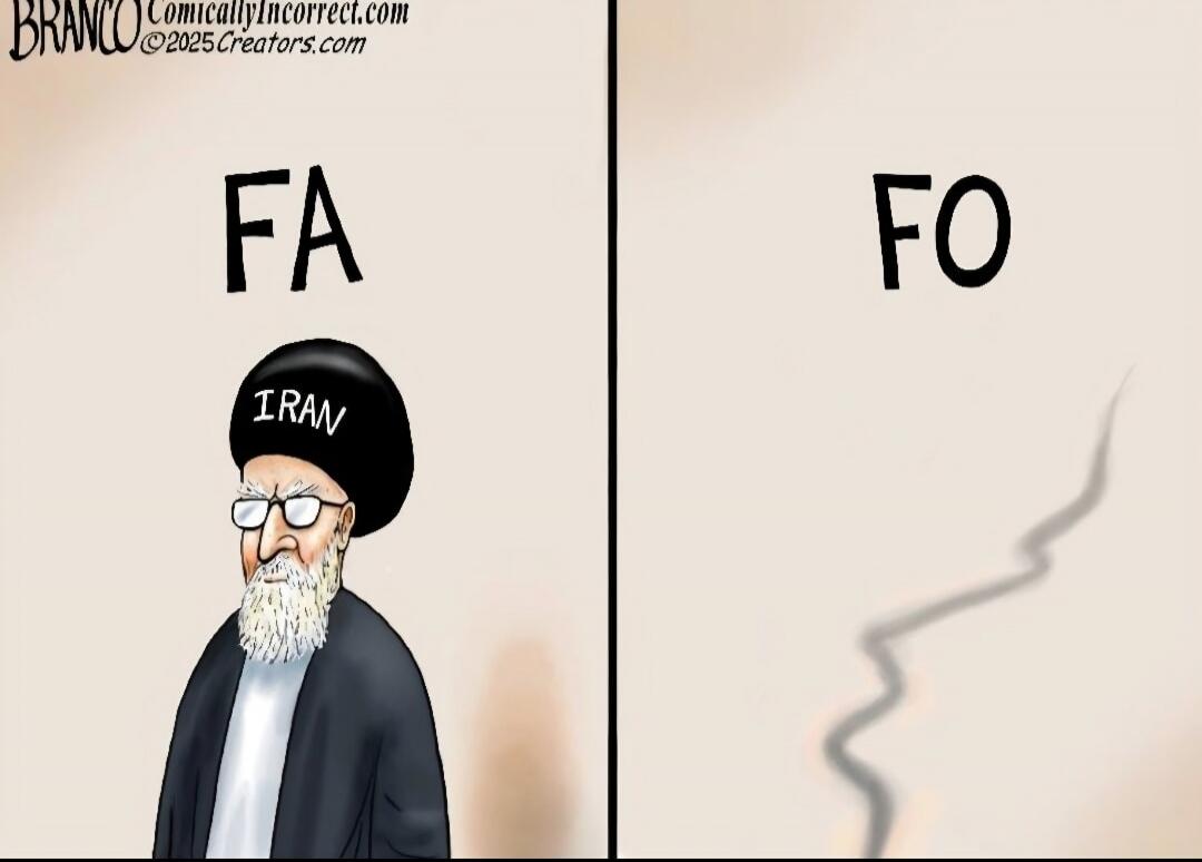 Left panel: 'FA' with a man wearing a turban labeled 'IRAN'. Right panel: 'FO' with a faint shape/wave in the background.