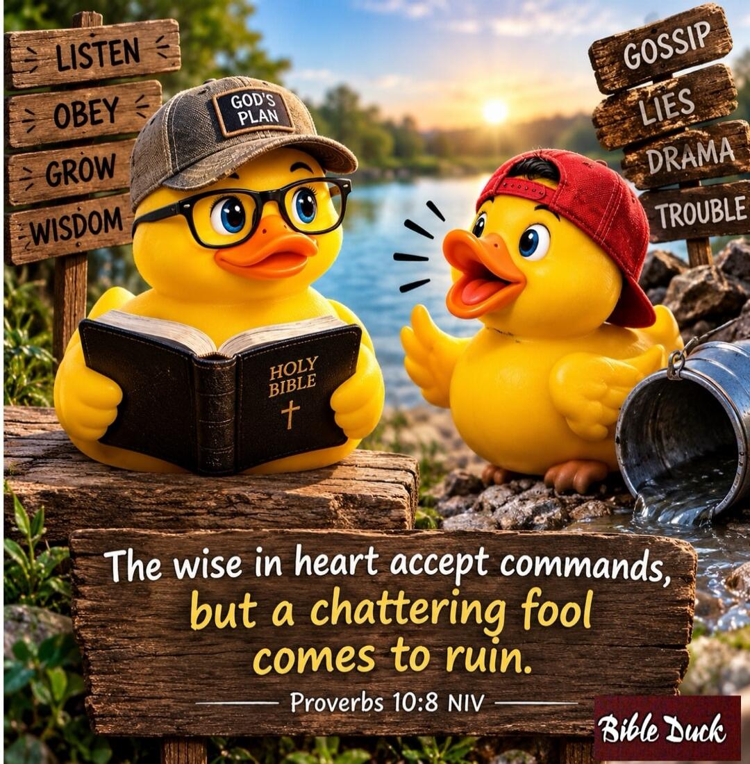 LISTEN OBEY GROW WISDOM GOD'S PLAN HOLY BIBLE GOSSIP LIES DRAMA TROUBLE The wise in heart accept commands, but a chattering fool comes to ruin. Proverbs 10:8 NIV Bible Duck