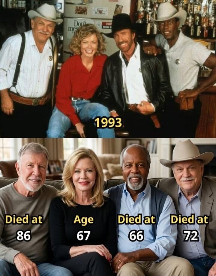 The cast of Walker, Texas Ranger in 1993 and a 'then and now' comparison. The bottom panel shows the actors older, with text indicating 'Died at 86' (referring to Noble Willingham), 'Age 67' (referring to Sheree J. Wilson), 'Died at 66' (referring to Clarence Gilyard Jr.), and 'Died at 72' (referring to Chuck Norris). The text 'Don't mess with Texa