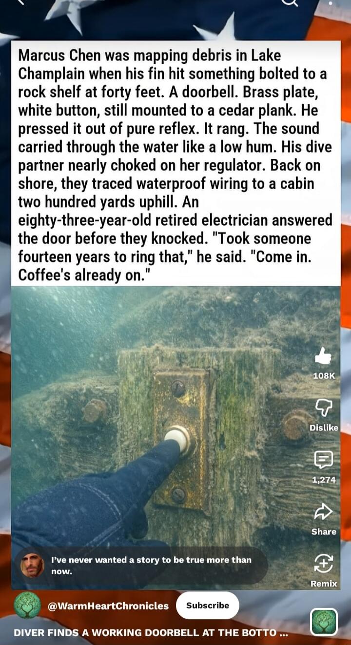 Marcus Chen was mapping debris in Lake Champlain when his fin hit something bolted to a rock shelf at forty feet. A doorbell. Brass plate, white button, still mounted to a cedar plank. He pressed it out of pure reflex. It rang. The sound carried through the water like a low hum. His dive partner nearly choked on her regulator. Back on shore, they t