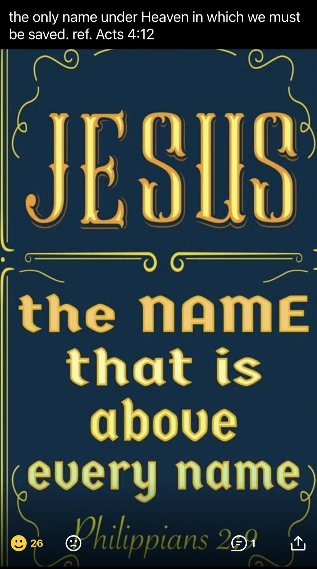 the only name under Heaven in which we must be saved. ref. Acts 4:12 JESUS the NAME that is above every name Philippians 2:9
