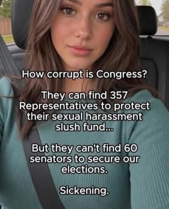 How corrupt is Congress? They can find 357 Representatives to protect their sexual harassment slush fund... But they can't find 60 senators to secure our elections. Sickening.