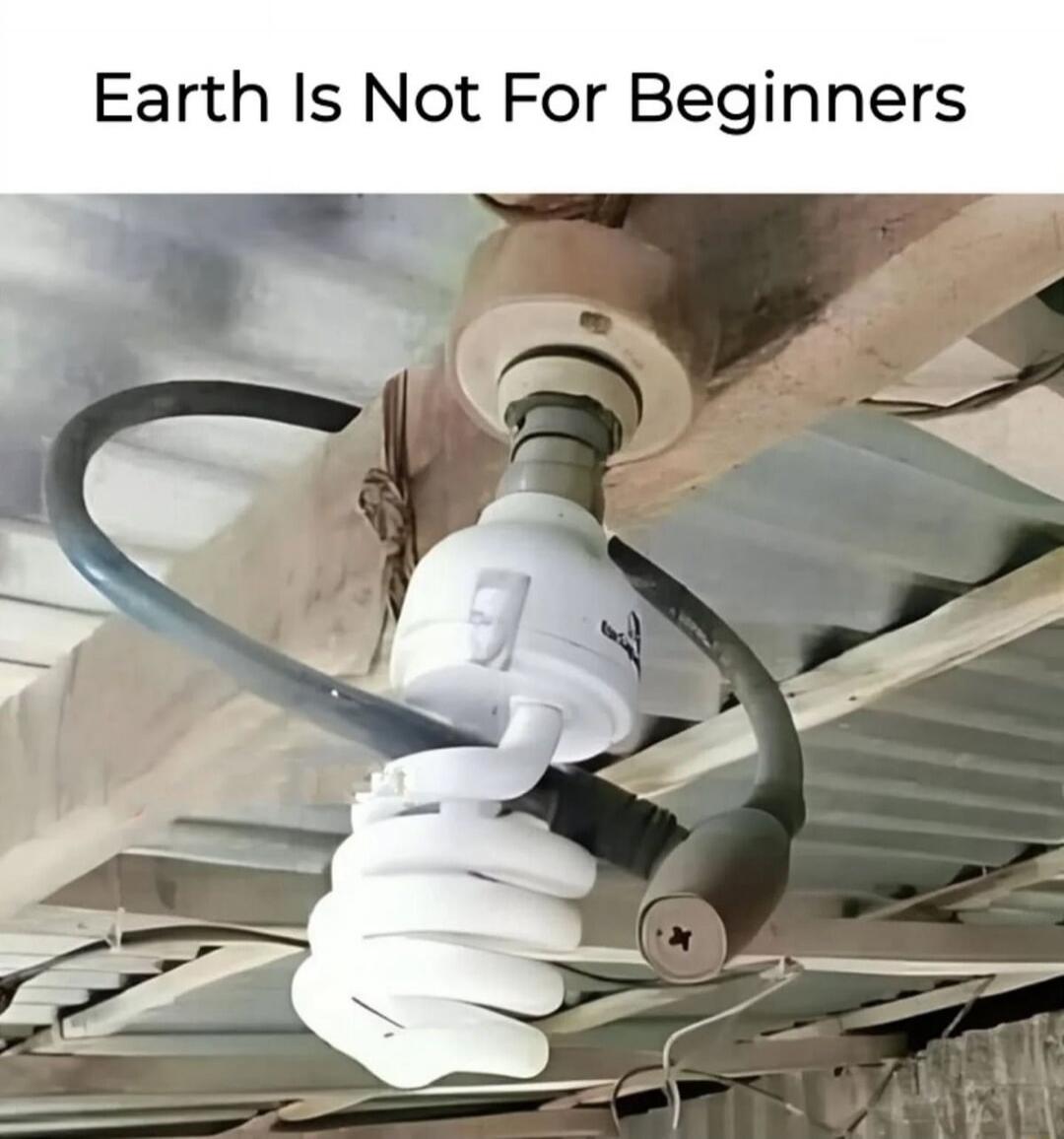 Earth Is Not For Beginners. The image shows a light bulb, specifically a compact fluorescent lamp (CFL), installed in a highly unconventional and seemingly improvised manner. It is screwed into a ceiling socket but then bent upwards and held in place by a grey pipe or conduit, creating an absurd and humorous visual.