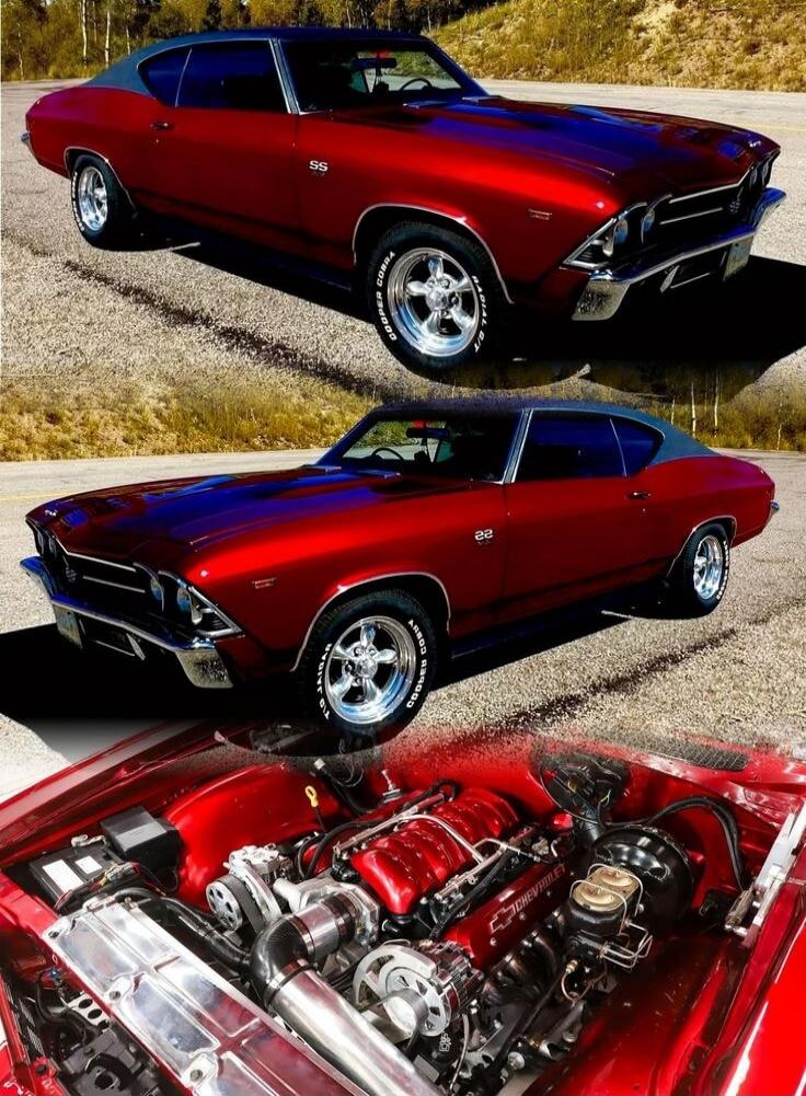 Red classic muscle car with SS badges, chrome wheels, and a detailed engine bay image in the lower frame. The car is a two-door coupe with a glossy red finish and black roof.