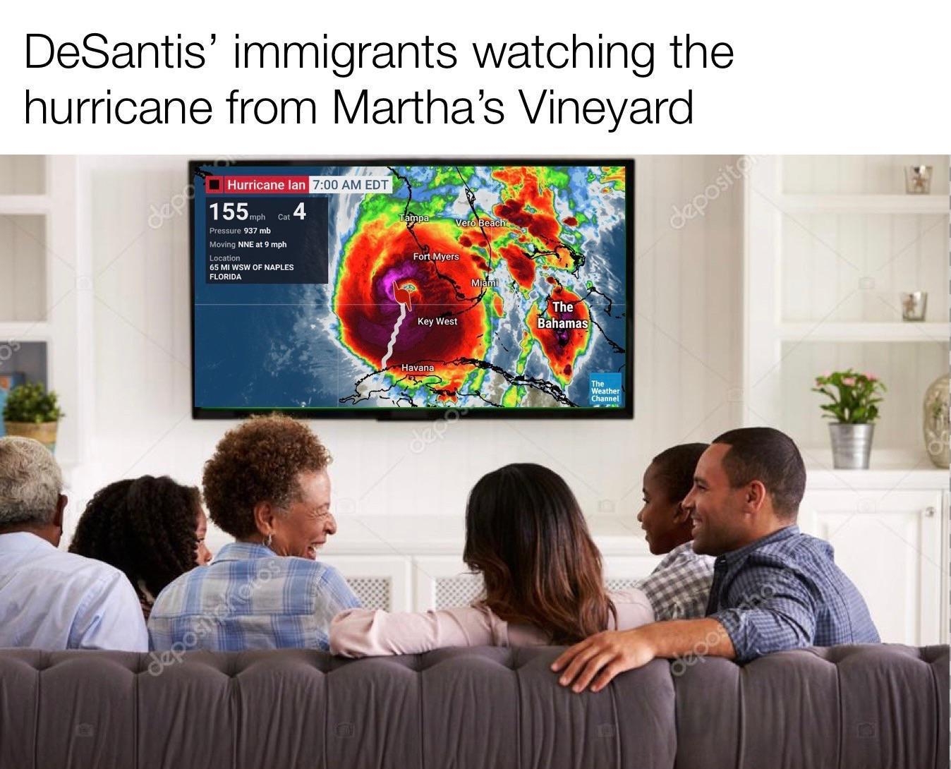 DeSantis immigrants watching the hurricane from Marthas Vineyard paach A oS