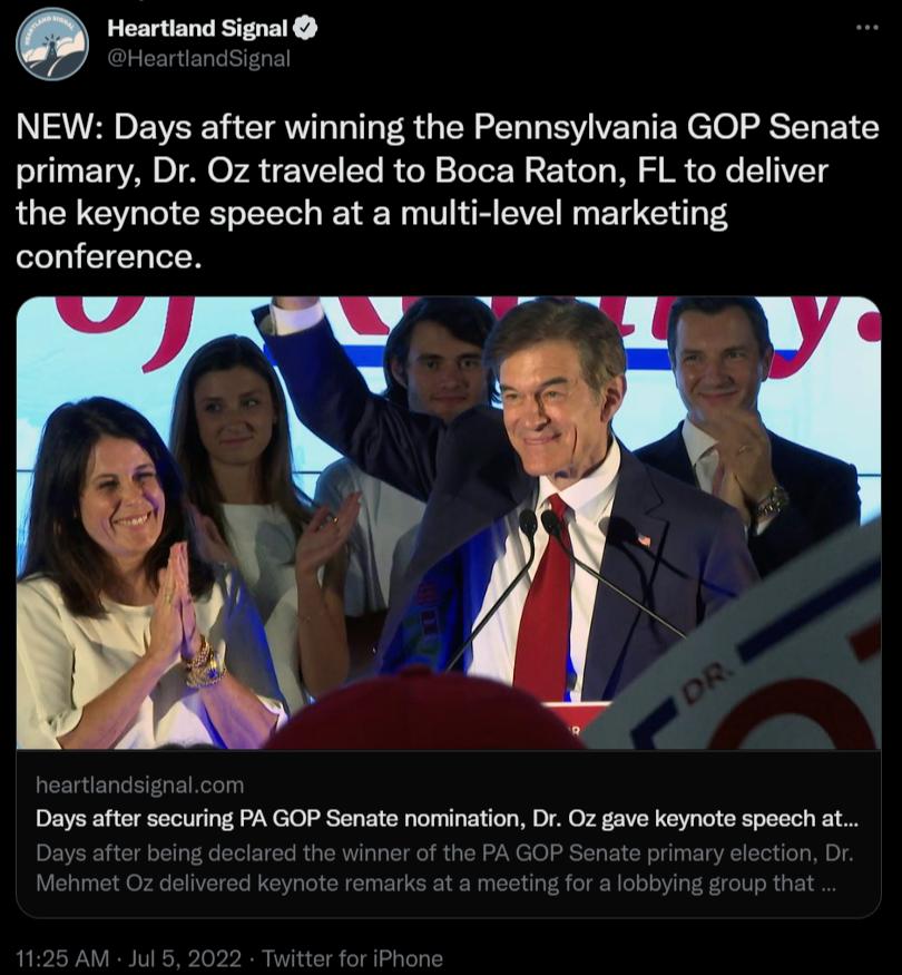 Hoartand Signal NEW Days after winning the Pennsylvania GOP Senate primary Dr Oz traveled to Boca Raton FL to deliver the keynote speech at a multi level marketing conference Days after securing PA GOP Senate nomination Dr Oz gave keynote speech at