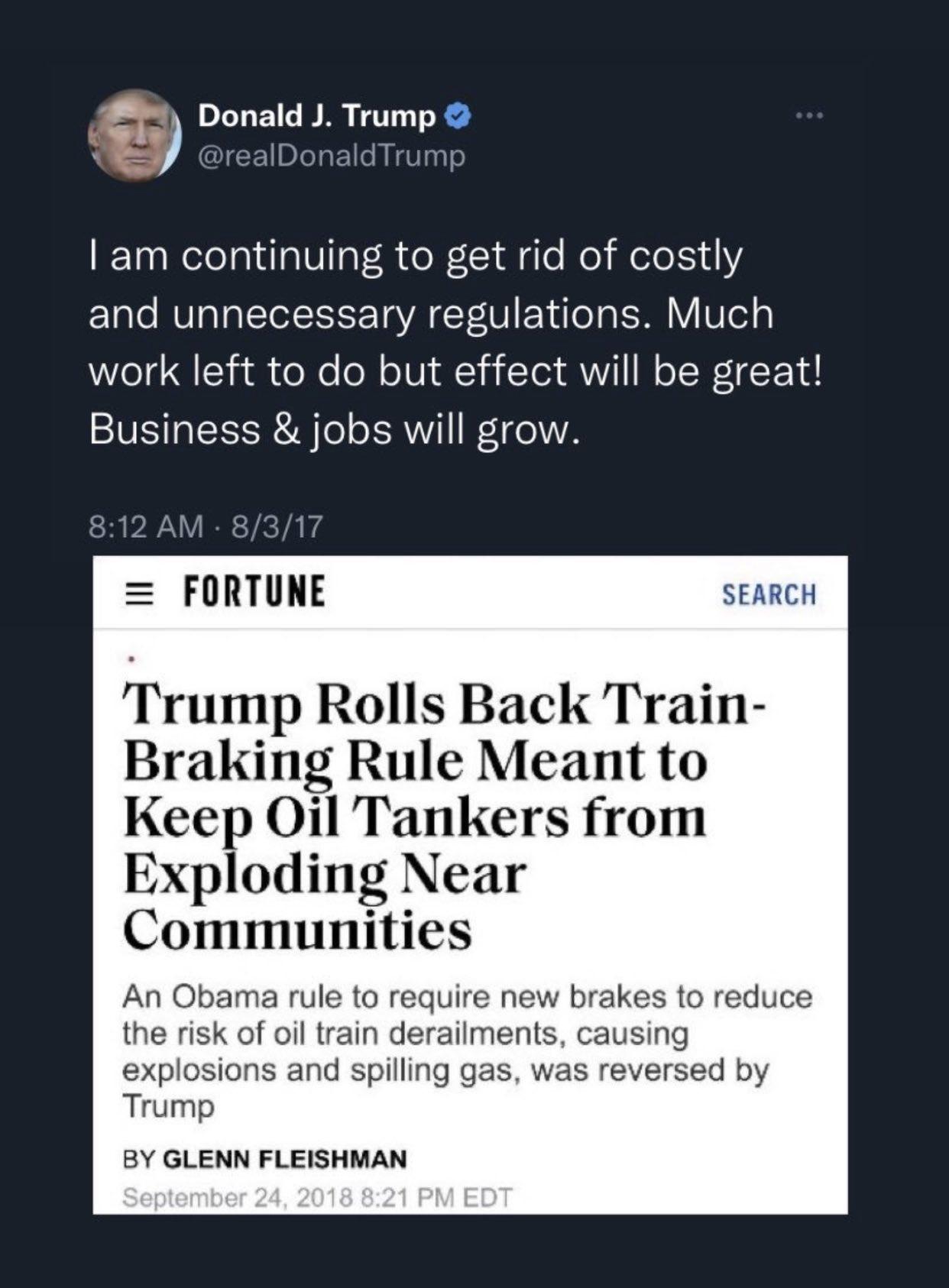 Donald J Trump am continuing to get rid of costly and unnecessary regulations Much work left to do but effect will be great Business jobs will grow FORTUNE SEARCH Trump Rolls Back Train Braking Rule Meant to Keep Oil Tankers from Exploding Near Communities An Obama rule to require new brakes to reduce the risk of oil train derailments explosions and spilling gas Trump BY GLENN FLEISHMAN