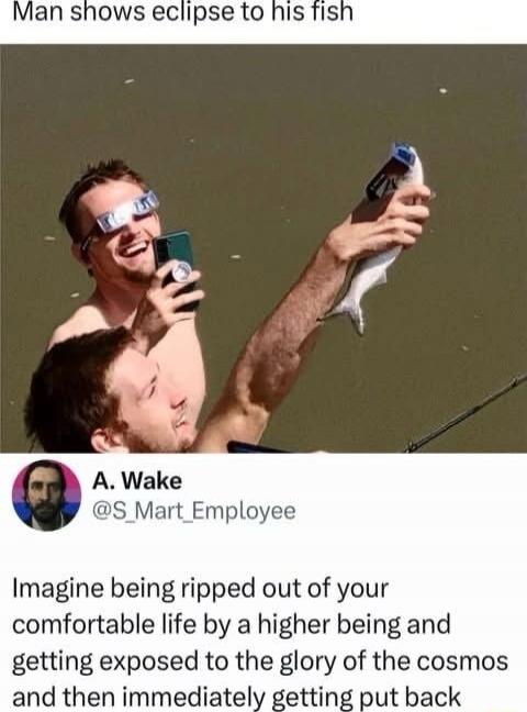 Man shows eclipse to his fish

A. Wake @S_Mart_Employee
Imagine being ripped out of your comfortable life by a higher being and getting exposed to the glory of the cosmos and then immediately getting put back