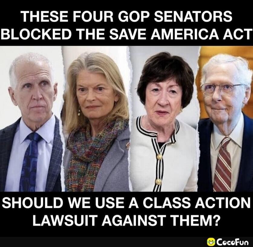THESE FOUR GOP SENATORS BLOCKED THE SAVE AMERICA ACT SHOULD WE USE A CLASS ACTION LAWSUIT AGAINST THEM?
