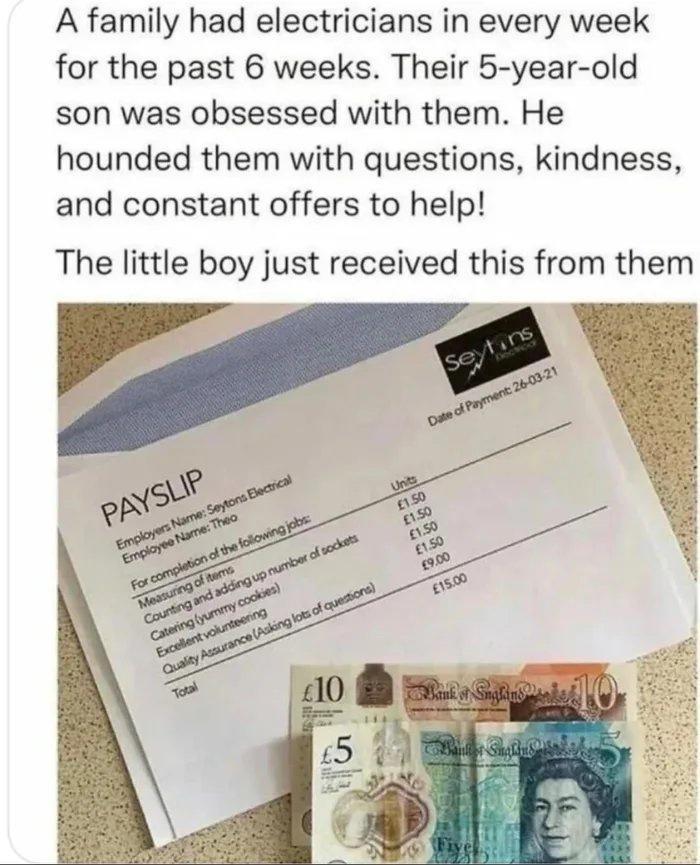 A family had electricians in every week for the past 6 weeks Their 5 year old son was obsessed with them He hounded them with questions kindness and constant offers to help The little boy just received this from them
