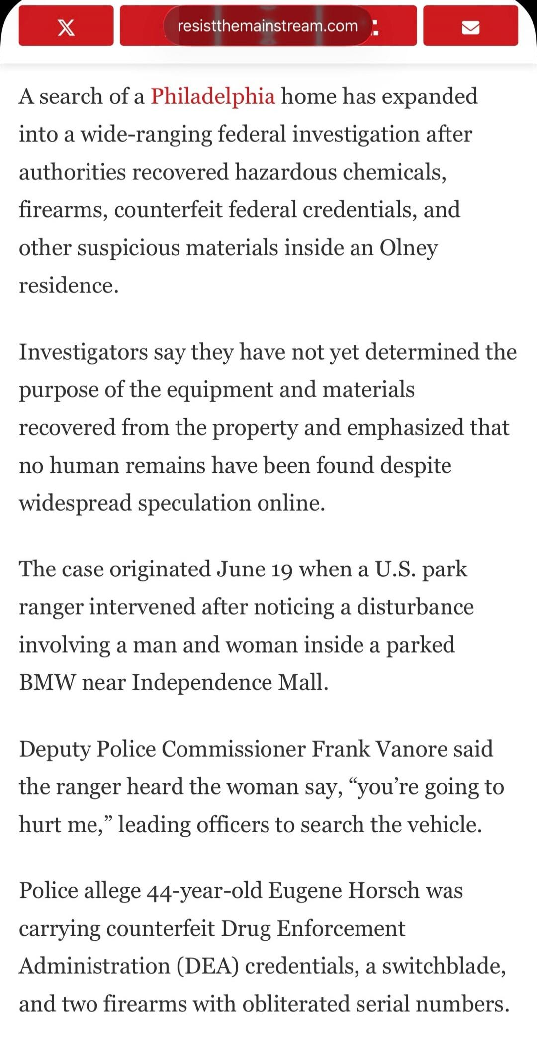 A search of a Philadelphia home has expanded into a wide-ranging federal investigation after authorities recovered hazardous chemicals, firearms, counterfeit federal credentials, and other suspicious materials inside an Olney residence.
Investigators say they have not yet determined the purpose of the equipment and materials recovered from the prop