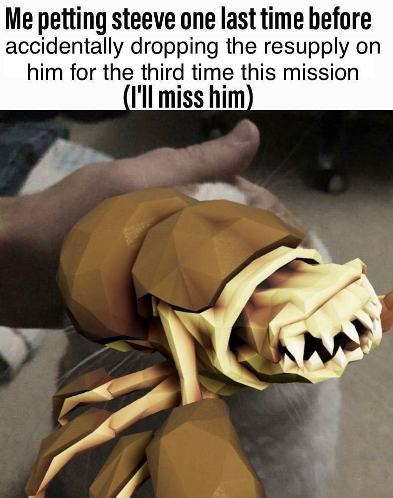 Me petting steeve one last time before accidentally dropping the resupply on him for the third time this mission