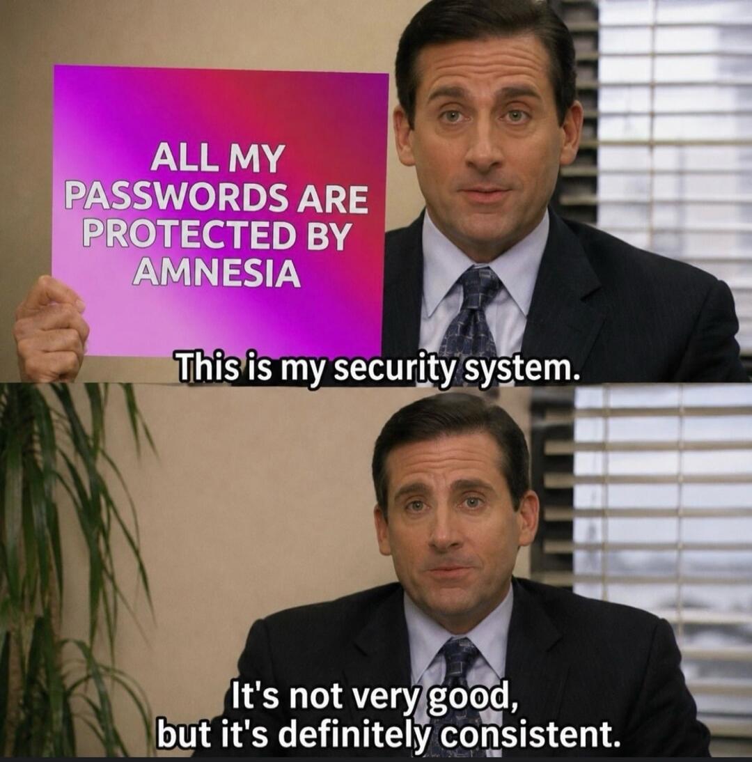 ALL MY PASSWORDS ARE PROTECTED BY AMNESIA. This is my security system. It's not very good, but it's definitely consistent.
