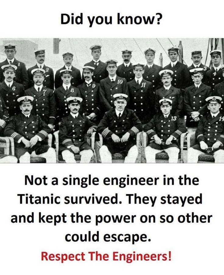 Did you know Not a single engineer in the Titanic survived They stayed and kept the power on so other could escape Respect rs