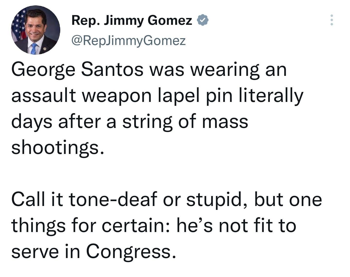 Rep Jimmy Gomez ReplimmyGomez George Santos was wearing an assault weapon lapel pin literally days after a string of mass shootings Call it tone deaf or stupid but one things for certain hes not fit to serve in Congress