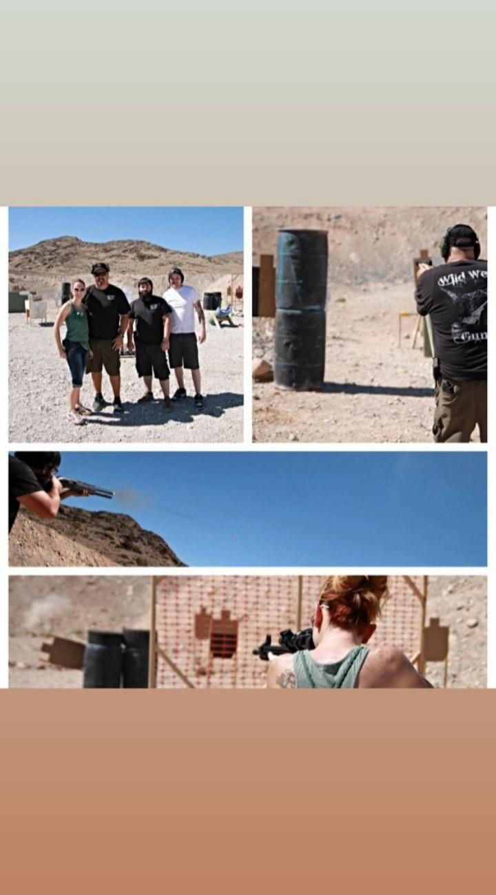 A collage of images from a shooting range. It shows a group of people posing, individuals aiming and firing various firearms like a shotgun and a rifle at targets, and tactical barrels used as cover or obstacles. The setting is an outdoor, desert-like environment with mountains.