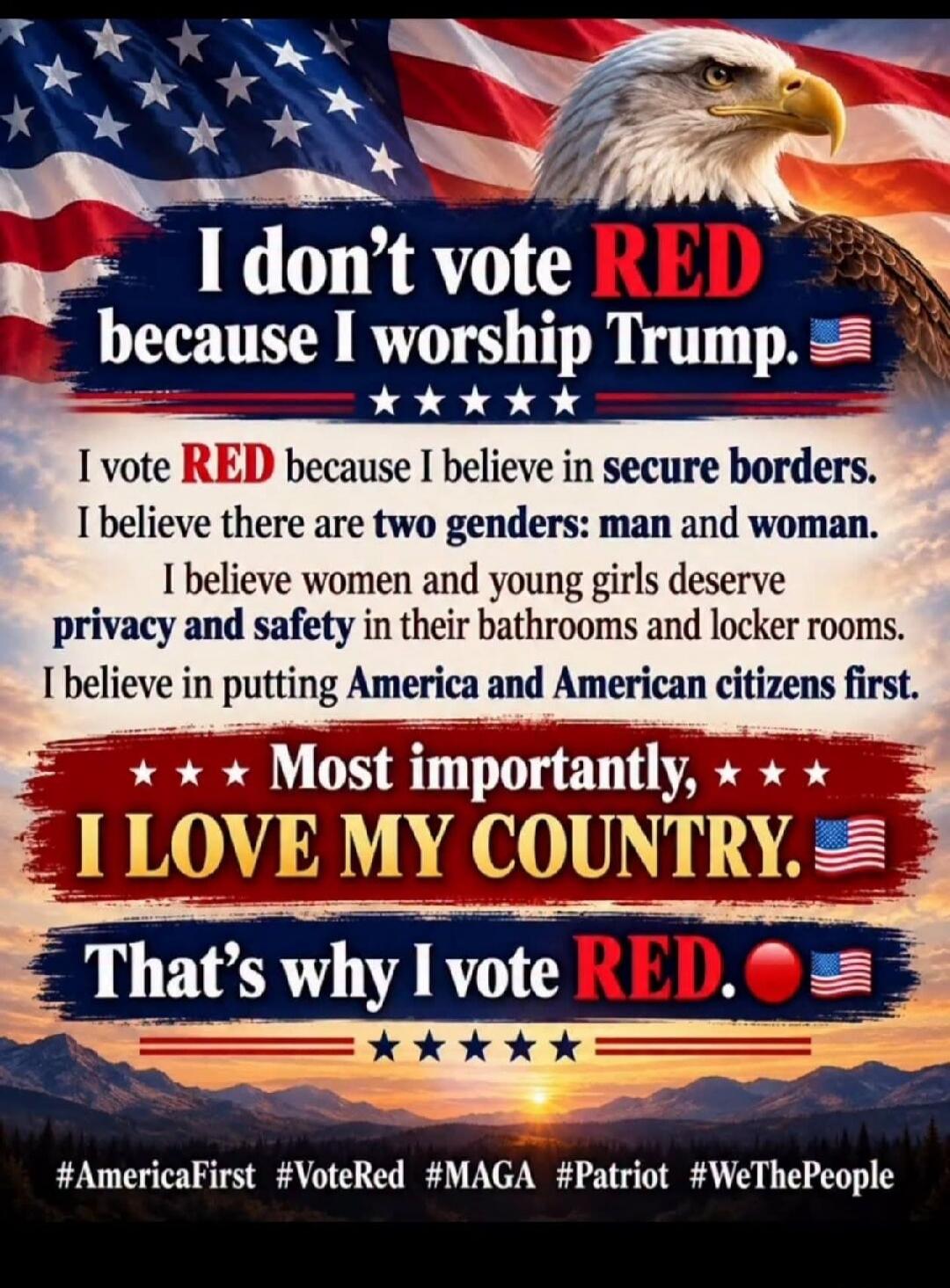 I don't vote RED because I worship Trump. I vote RED because I believe in secure borders. I believe there are two genders: man and woman. I believe women and young girls deserve privacy and safety in their bathrooms and locker rooms. I believe in putting America and American citizens first. Most importantly, I LOVE MY COUNTRY. That's why I vote RED