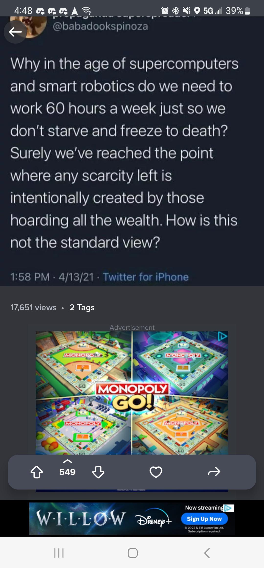44805 B X Q56 39 L S babad ookspinoza Why in the age of supercomputers and smart robotics do we need to work 60 hours a week just so we dont starve and freeze to death SVCIAVERVN CETolalTe RigTcYolollle where any scarcity left is intentionally created by those hoarding all the wealth How is this not the standard view 158 PM 41321 Twitter for iPhone 17651views 2 Tags fwr LLw T G