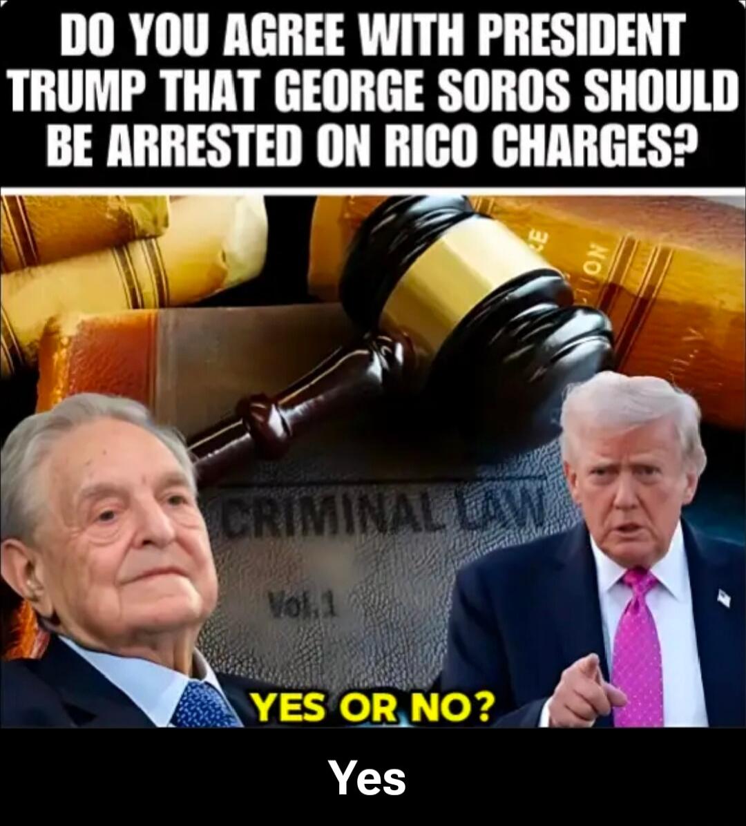 DO YOU AGREE WITH PRESIDENT TRUMP THAT GEORGE SOROS SHOULD BE ARRESTED ON RICO CHARGES? YES OR NO? Yes