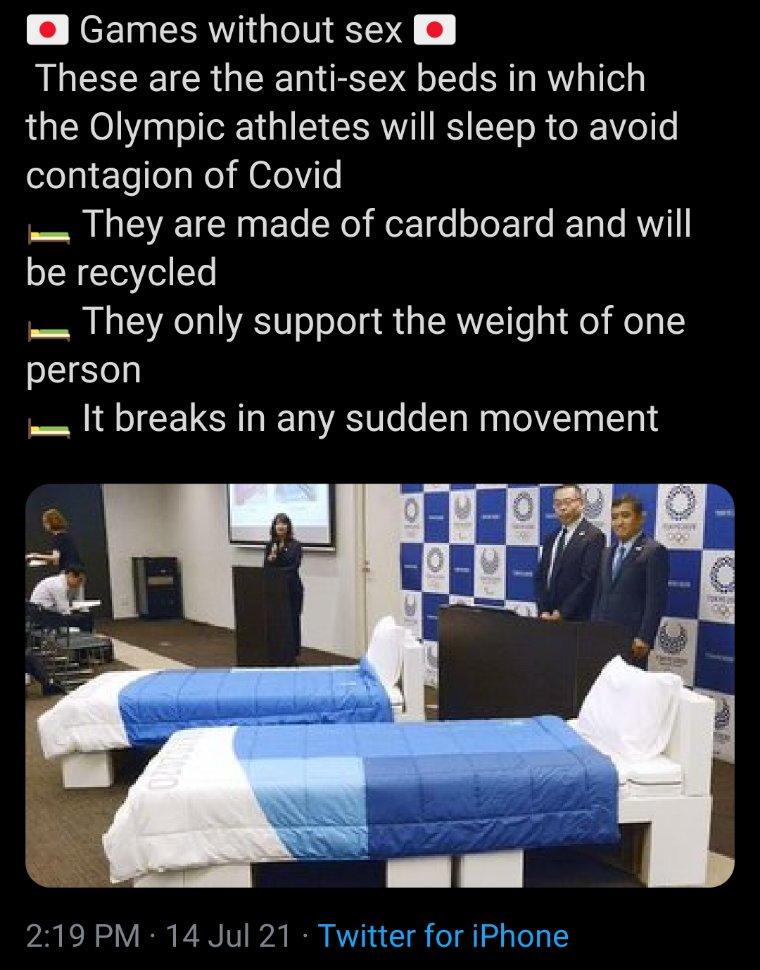 o NeETnaTRWIaeIN1 1 These are the anti sex beds in which the Olympic athletes will sleep to avoid contagion of Covid They are made of cardboard and will be recycled They only support the weight of one person w It breaks in any sudden movement 219PM 14 Jul 21 Twi