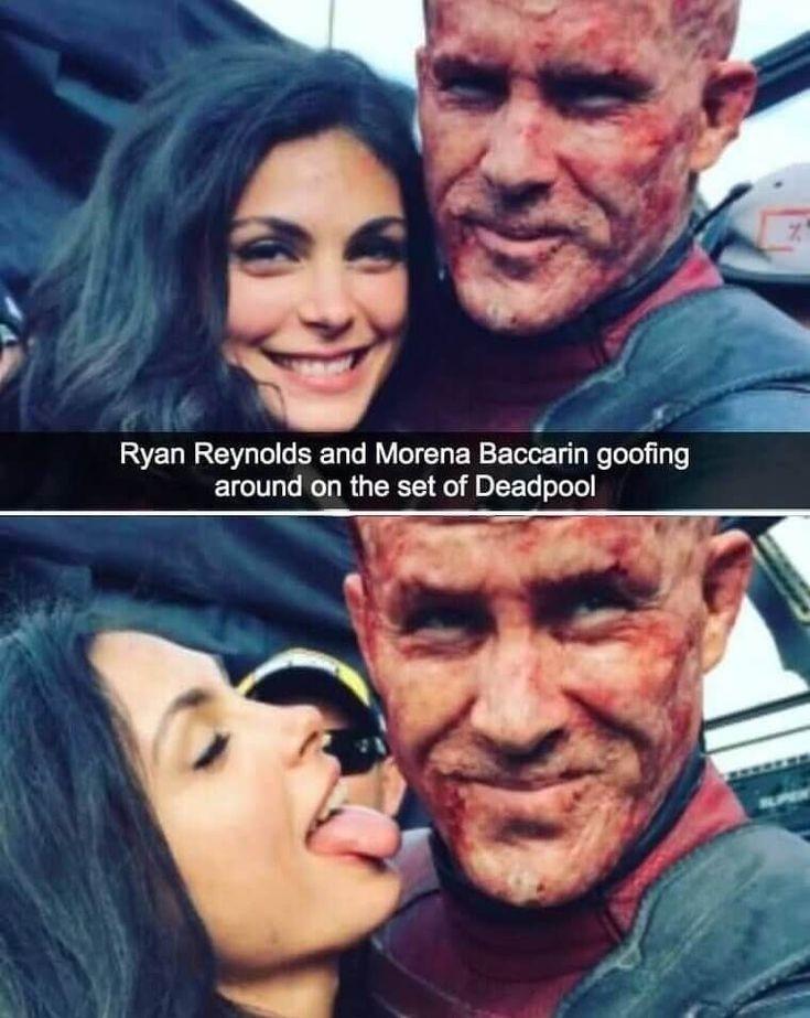 Ryan Reynolds and Morena Baccarin goofing around on the set of Deadpool
