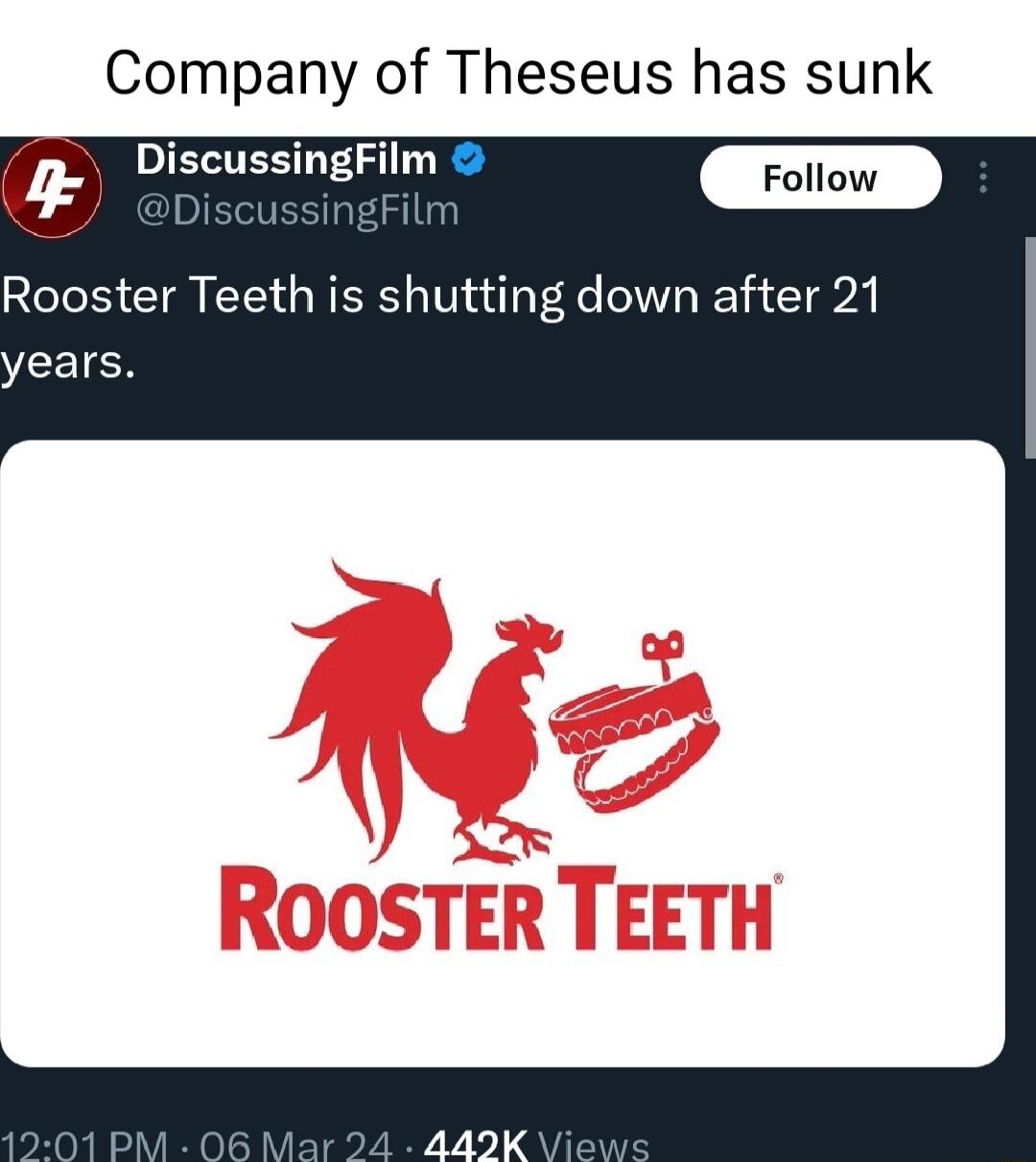 Company of Theseus has sunk 4 DiscussingFilm Foiow Rooster Teeth is shutting down after 21 years