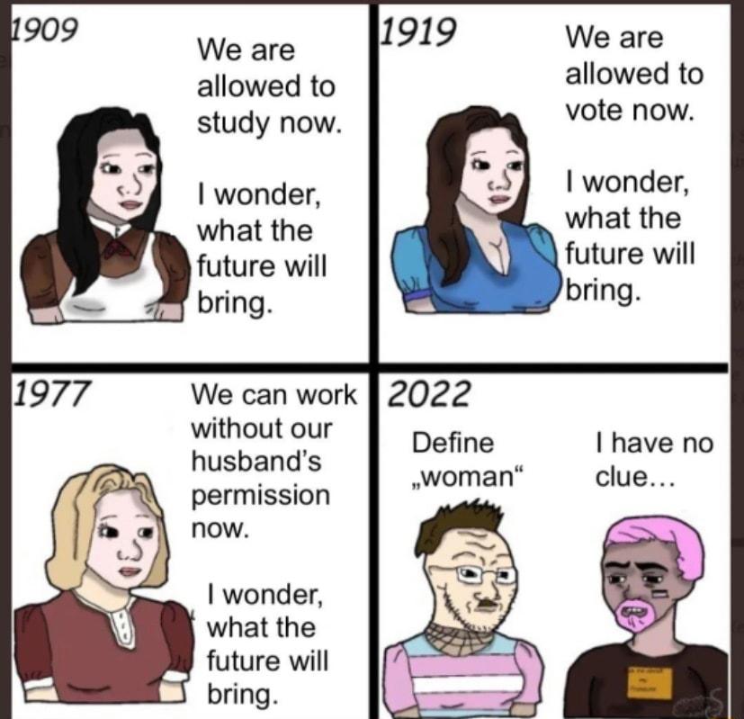 We are allowed to vote now We are allowed to study now wonder what the future will without our Define I have no husbands permission now woman clue wonder what the future will