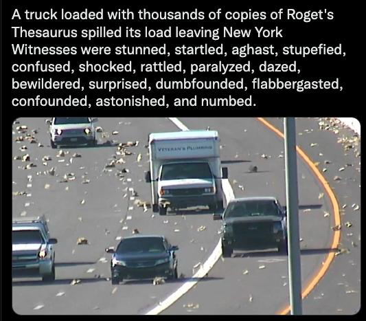 A truck loaded with thousands of copies of Rogets RLEEETTESWIEL FSY CELREE NN GT S Witnesses were stunned startled aghast stupefied confused shocked rattled paralyzed dazed bewildered surprised dumbfounded flabbergasted confounded astonished and numbed