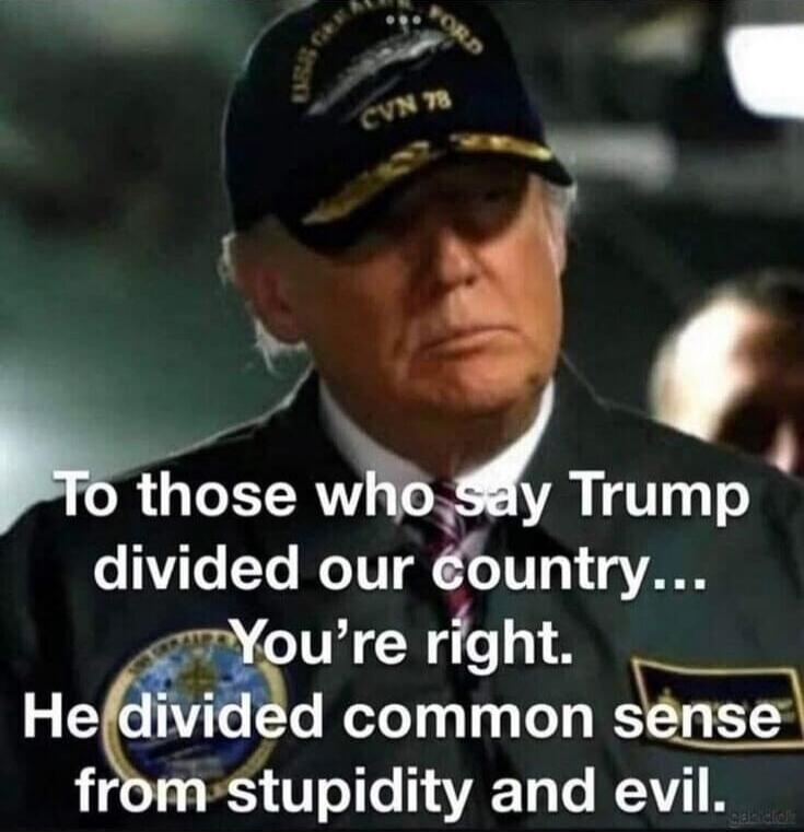 To those who say Trump divided our country... You're right. He divided common sense from stupidity and evil.