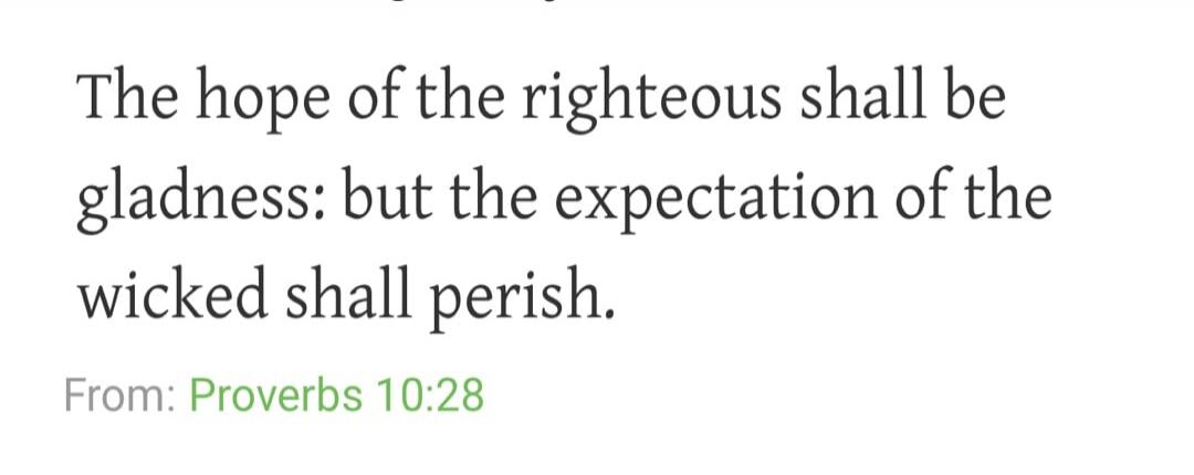 The hope of the righteous shall be gladness: but the expectation of the wicked shall perish. From: Proverbs 10:28