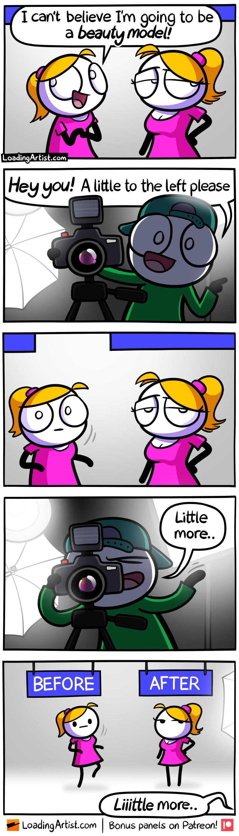 Y 1 cant believe Im going to be a beauty model N OC O 7 R f LoadingArtistcom Hey gou A little to the left please P r C AO Liiittle more LoadingArtistcom Bonus panels on Patreon J