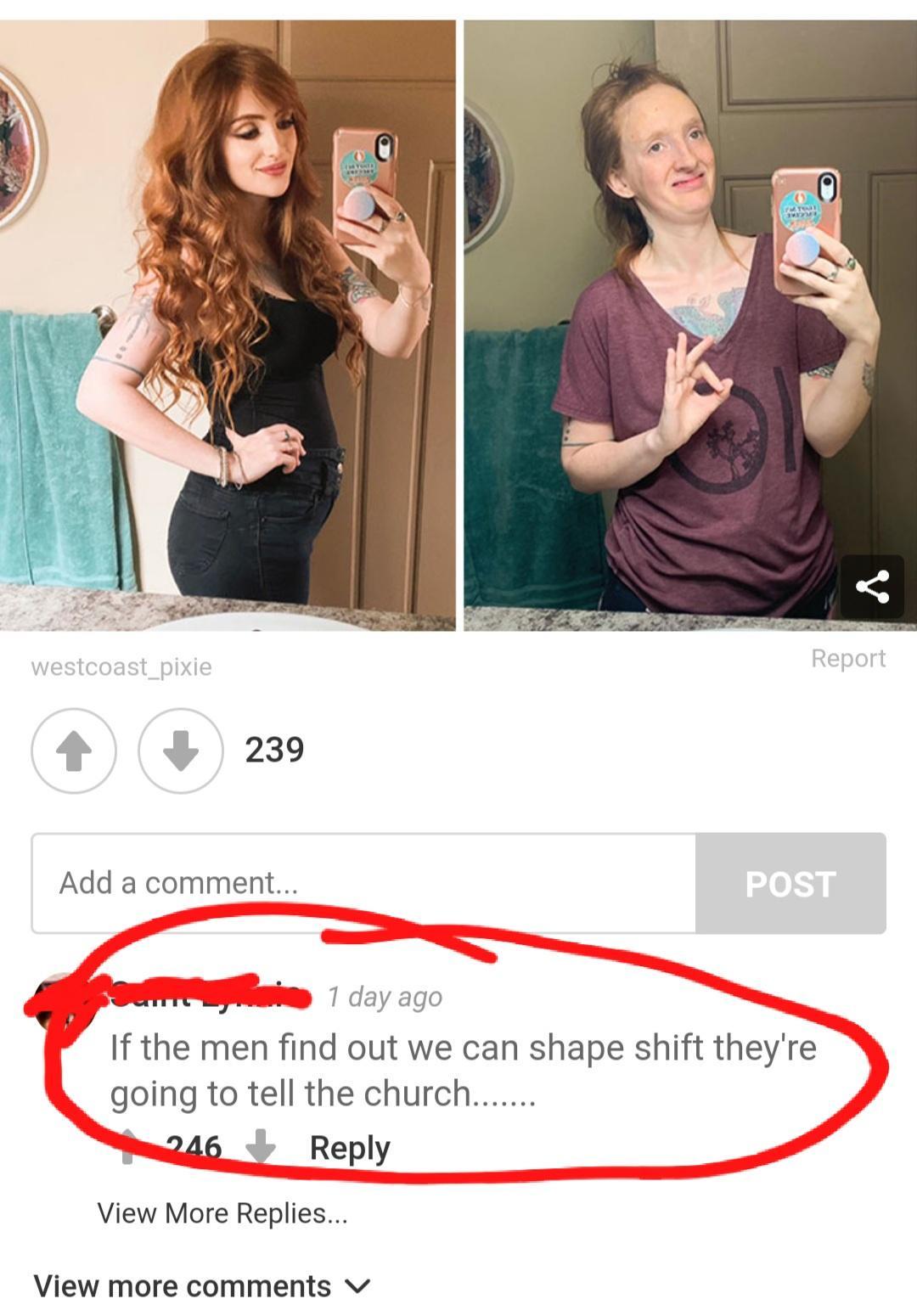 239 Add a comment Elsomes 1 day ago If the men find out we can shape shift theyre going to tell the church 246 4 Reply View More Replies View more comments